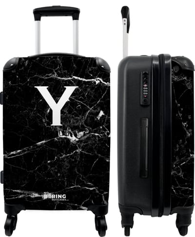 NoBoringSuitcases.com - Zwarte marmer koffer met initialen - Grote reiskoffer zwart letter Y - Trolley op wieltjes 60 liter - Rolkoffer groot - Ruimbagage valies 20kg - Valiezen voor volwassenen medium - Luggage suitcase middelgroot - Bagagekoffer