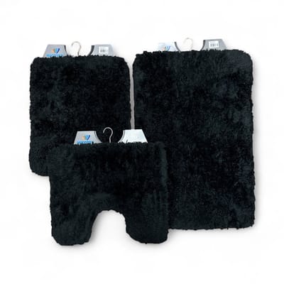Wicotex - Badmat set - Badmat - Toiletmat - Bidetmat uni Bergen Zwart - Antislip onderkant - WC mat met uitsparing - Fluffy zacht
