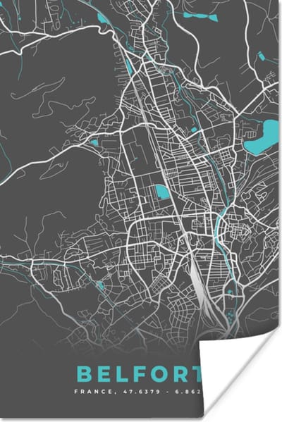 Poster Belfort - Frankrijk - Kaart - Stadskaart - Plattegrond - 120x180 cm XXL