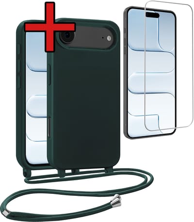 Hoesje Geschikt voor iPhone Air Hoesje Siliconen Case Met Koord Met Screenprotector - Hoes Geschikt voor iPhone Air Hoesje Backcover Met Telefoonkoord - Donkergroen