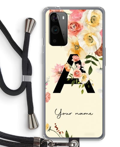 Gepersonaliseerd - Case Company® - Hoesje met koord geschikt voor OnePlus 9 Pro hoesje met Koord - Flirty Flowers Monogram - Telefoonhoesje met Zwart Koord - Bescherming aan alle Kanten en Over de Schermrand