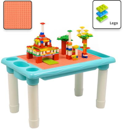 Kindertafel Bouwtafel - Speeltafel met bouwplaat (Voor Lego® blokken) en vlakke kant - 4 Vakken - Met 316 Bouwstenen