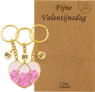 Koppel Sleutelhanger voor 3 'Fijne Valentijnsdag' - Magnetisch Glitter Hartje Roze - Sleutelhanger set op Cadeau Kaartje - Goudkleurig - Vriendschap of Relatie Symbool - Pax Amare