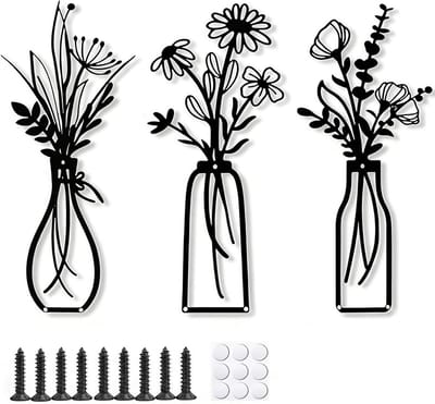 Set van 3 Metalen Wanddecoraties met 3D Effect, Zwarte Bloemenvazen voor Woonkamer, Slaapkamer en Kantoor, Inclusief Bevestigingsmaterialen en Eenvoudige Montage