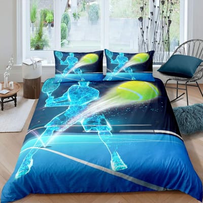 Ensemble Housse de Couette Motif Balle de Tennis Jeu Sportif Ensemble de Literie Thématique Taille Lit Simple Pour Garçons Adolescents Adultes Housse de Couette Raquette de Tennis Balle 150x200cm 3pcs
