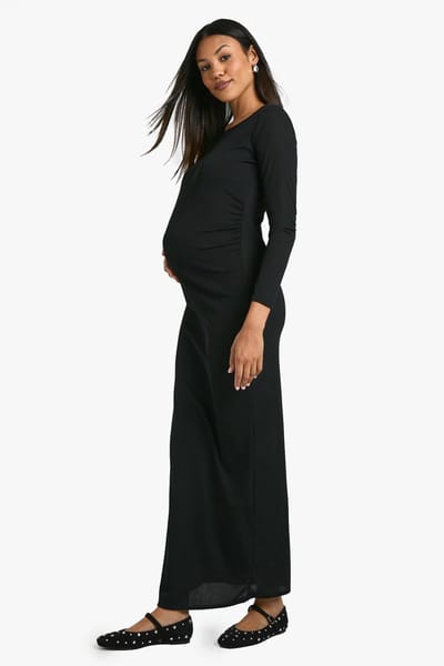 boohoo Dames Zwangerschaps maxi-jurk met geribbeld scoop-hals | Zwart | Maat: 36
