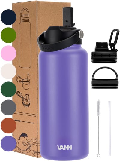 VANN® 3-Wandige RVS Drinkfles 1 Liter met rietje voor volwassenen – Met 5 accessoires – Thermosfles – 24 uur koud/12 uur warm – Paars – VANN Ultimate Bottle®