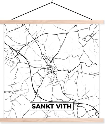 Posterhanger incl. Poster 40x40 cm - Schoolplaat - Plattegrond – Sankt Vith – Zwart Wit – Stadskaart - Kaart - België - Textielposter - Blanke latten - Stadskaart