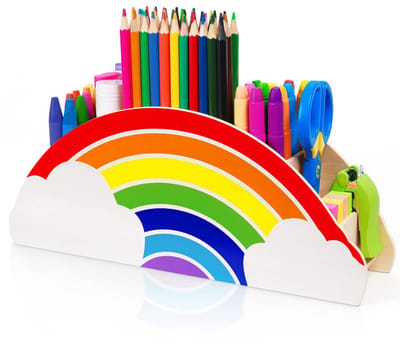 longziming -Bureau Organizador - Schrijfgerei Houder - Houten Opbergdoos - Regenboogprint Aan Beide Zijden - Zes Vakken In Verschillende Maten - Stabiele Houtconstructie - Veelzijdig Inzetbaar - 1 Stuks