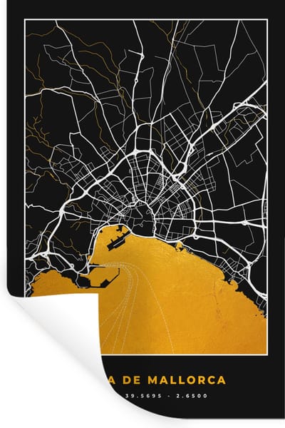 Muurstickers - Sticker Folie - Mallorca - Stadskaart - Goud - Plattegrond - Kaart - 20x30 cm - Plakfolie - Muurstickers Kinderkamer - Zelfklevend Behang - Zelfklevend behangpapier - Stickerfolie