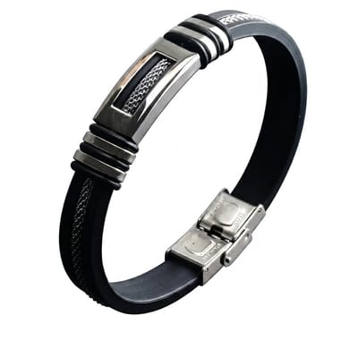 Zwarte heren armband – rubberen band met zilverkleurige metalen details – schakelaccent en stalen sluiting – sportief en modern design