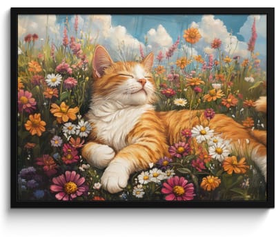 Poster in lijst - Fotolijst 70x50 cm - Posters - Kat - Bloemen - Ontspannen - Posterlijst zwart - Decoratie - Wanddecoratie woonkamer - Muurdecoratie slaapkamer