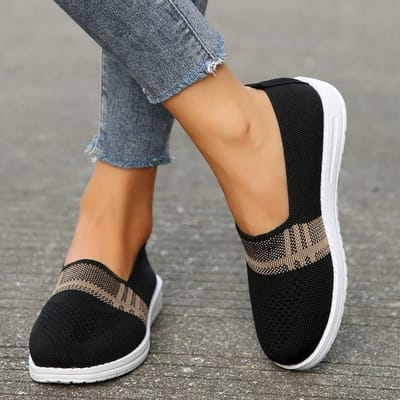 Gekleurde Streep Gebreide Platte Schoenen Dames Ademend Mesh Zachte Zool Lente Antislip Casual Wandelschoenen 43 43 beige