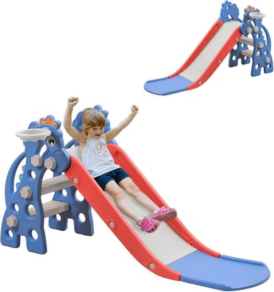 Kinder Glijbaan - Speelgoed Glijbaan - Binnen en Buiten Spelen - Met Basketbalmand - 146 cm Lengte - Blauw