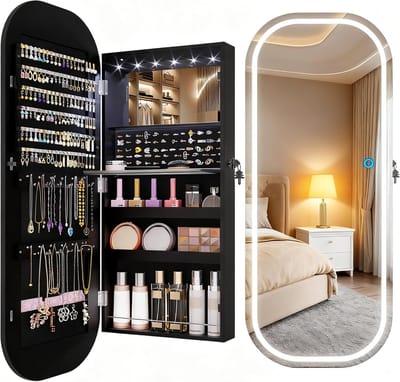 Spiegel Sieradenkast - Opbergkast Verlichting - Sieraden Organiseren - Ingebouwde LED - 16 Inch Breed - Zwart
