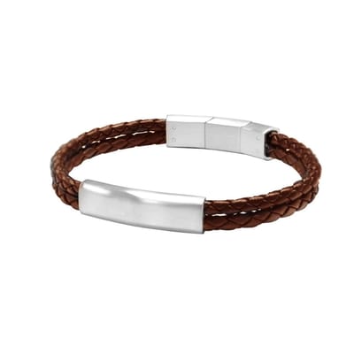 FRANK 1967 7FB-0285 - Heren Armband - 2 Strengen - Leer - Gevlochten - 21cm - 8mm - Zwart - Zilverkleurig