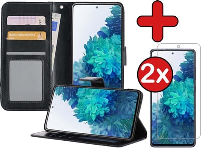 Hoesje - Met 2x Screenprotector - Geschikt voor Samsung Galaxy S20 FE - Luxe Pasjeshouder - Flip Case - Bookcase Portemonee - Kunstleer Book Case - Flipcase Hoes - Book Cover - Walletcase - Portemonneehoes - Telefoonhoes - Zwart