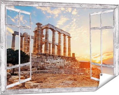 Gards Tuinposter Doorkijk Tempel van Poseidon in Athene, Griekenland - 120x80 cm - Tuindoek - Tuindecoratie - Wanddecoratie buiten - Tuinschilderij