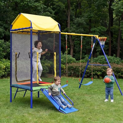 HAUSS SPOLE Speeltoestel 4-in-1 Voor Buiten - Trampoline Met Veiligheidsnet, Dubbele Schommel, Glijbaan En Basketbalring - Ijzer - Kleurrijk