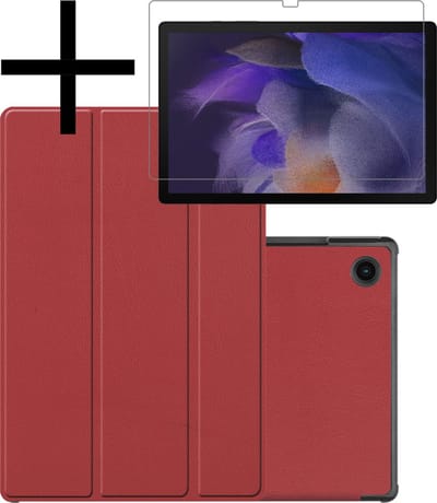 Hoes - Geschikt voor Samsung Galaxy Tab A8 - Met Screenprotector - Trifold Bookcase - Hard Cover - Hardcover Book Case - Tablet Hoesje - Donkerrood