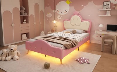 Polsterbett Met LED-Lichtstrip - 90x200 cm - Kinderbed Met Zachte Beschermranden - Roze & Wit - PU - Met Kroon Hoofdbord & Golfdesign