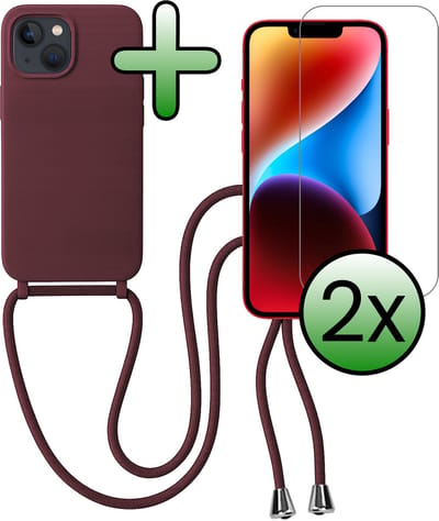 Hoes Geschikt voor iPhone 13 Mini Hoesje Met Koord Met 2x Screenprotector - Telefoonhoesje Geschikt voor iPhone 13 Mini Backcover Met Afneembaar Koord - Aubergine