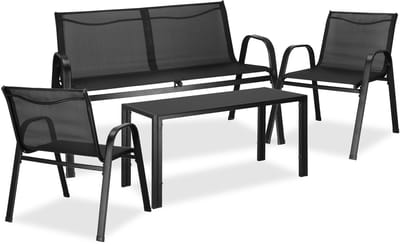 Springos Tuinmeubelset - Bank - Stoelen - Glas - Zwart - Staal - Textileen - 120 Kg