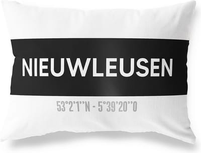 Tuinkussen NIEUWLEUSEN - OVERIJSSEL met coördinaten - Buitenkussen - Bootkussen - Weerbestendig - Jouw Plaats - Studio216 - Modern - Zwart-Wit - 50x30cm