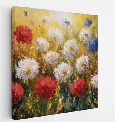 Saammp Canvas Schilderij - Bloemen Weide Rood, Wit en Blauw - Natuur - Abstract - 20x20 - Foto op canvas - Wanddecoratie - Muurdecoratie Woonkamer - Kantoor Decoratie