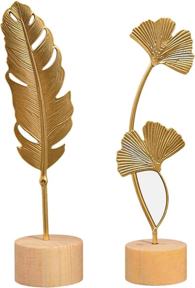 Set van 2 Gouden Beeldjes van Ginkgo Bladeren en Veertjes voor Binnenhuisdecoratie, Perfect voor Woonkamer, Hal, Slaapkamer en Kantoor