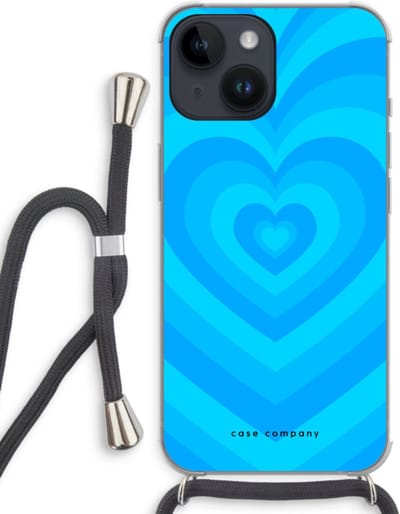 Case Company® - Hoesje met koord geschikt voor iPhone 14 hoesje met Koord - Hart Blauw - Telefoonhoesje met Zwart Koord - Bescherming aan alle Kanten en Over de Schermrand