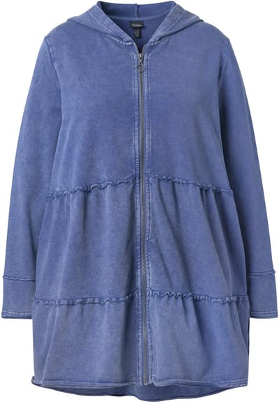 Ulla Popken - Dames - Lange hoodie-jas vintage look A-lijn capuchon - Atlantisch blauw - Maat 46+