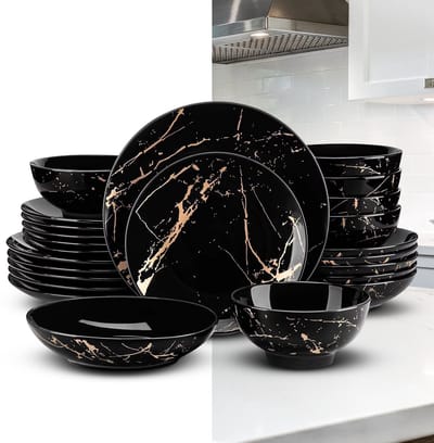 Luxe Serviesset – 24 delig – 6 persoons – Porselein - Bordenset – Dinner platen – Dessertborden - Pastabord - Kommen - Zwart