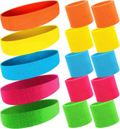 longziming -Neon Zweetbanden Set – 5 Hoofdbanden & 10 Polsbanden – Frottee Materiaal – 80’s Party Accessoires – Unisex – 5 Kleuren – 1 Set