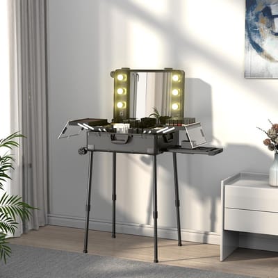 Make-uptrolley met aluminium frame, wielen en spiegel met licht