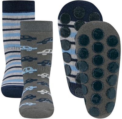 Antislipsokken Ewers - Set 2-Pack -Grijs/Blauw met Autos & Strepen - Elastisch - Noppenzool-27/30