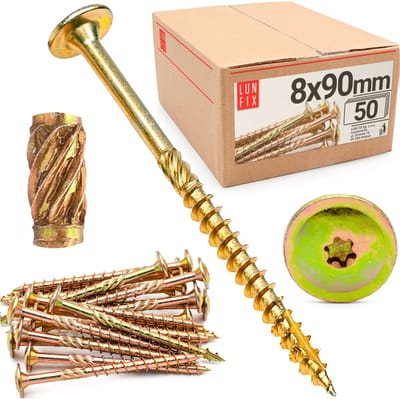 LUN FIX - Tellerkopfschroeven 8x90 - 50 stuks - TX40 Torx - Tellerkop met freestrips - Houtschroeven