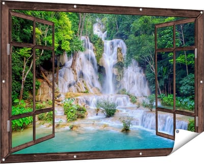 Gards Tuinposter Doorkijk Waterval in het Tropische Natuur - 150x100 cm - Tuindoek - Tuindecoratie - Wanddecoratie buiten - Tuinschilderij