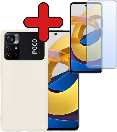 Hoesje - Met Screenprotector - Geschikt voor Xiaomi Poco M4 Pro 5G - Sterk & Shockproof - Telefoon Hoes - Back Cover - Siliconen Case - Telefoonhoes - Wit
