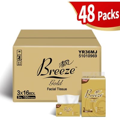 Breeze Gold Gezichtstissues, Maat M, 3-laags, 7.200 Vellen (48 Pakken van 150 Vellen), Zacht & Huidvriendelijk, Sterk Nat, Voor Woonkamer, Eettafel,