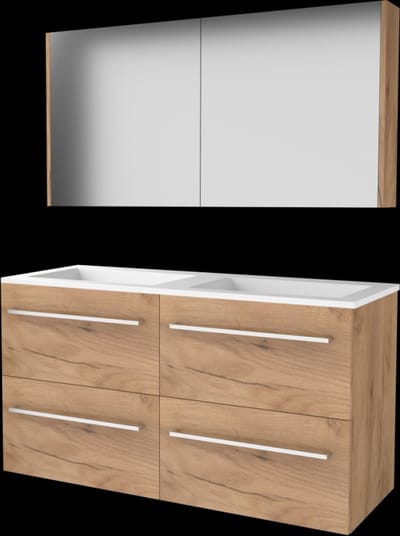 Basic Comfort 46 badmeubelset met spiegelkast, wastafelonderkast met grepen, 4 lades en acryl wastafel zonder kraangaten 120 x 46 cm, whisky oak