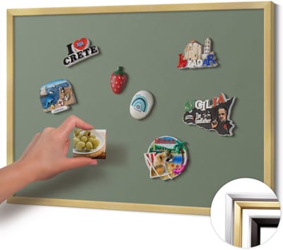 Wallfluent - Olijf Magneetbord in Effen Kleuren - 70 cm x 50 cm - Magneetbord met Gouden Frame - Olijfkleur - Magneetbord met Effen Frame - Magneetbord Multifunctioneel - Magnetisch Bord Decoratief