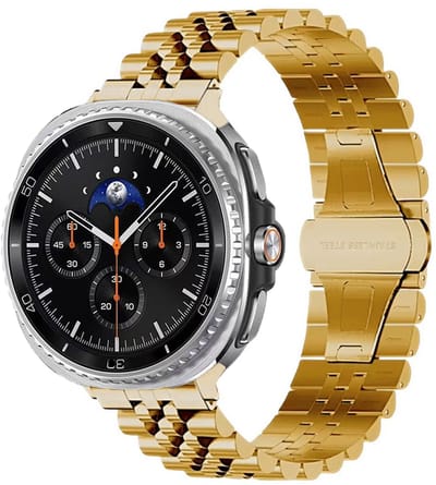 Stravo 5-rij schakels metalen bandje – Geschikt voor Samsung Galaxy Watch 9 (40/44mm) / Watch 8 (40/44mm) / 8 Classic (46mm) – Premium RVS horlogeband met vlindersluiting – inclusief inkortset (Goud)