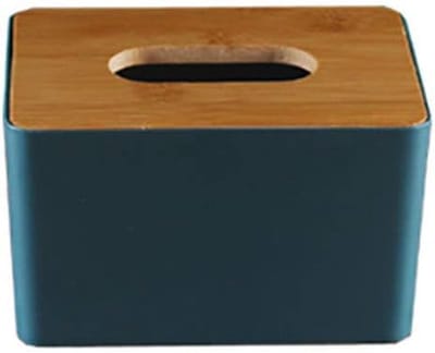 Papier Doos - Servet Houder - Keuken Organisatie - Met Bamboe Deksel - 16.5x12x9.8cm - Blauw