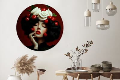 WallCircle - Wandcirkel - Muurcirkel - Vrouw - Kersen - Slagroom - Aluminium - Dibond - 140x140 cm - Binnen en Buiten