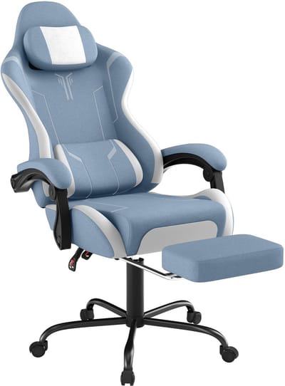Ergonomische Gamingstoel, Comfortabele Game- of Racestoel met Massage en Voetensteun, Verstelbare Rugleuning, Hoofdsteun en Massage-lendenkussen, Blauw, NAIZY
