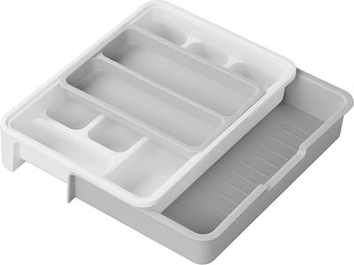 ProPlus Bestekbak Verstelbaar - Besteklade voor Caravan – Verstelbaar tot 40 x 31,5 x 6 cm - Ladeverdeler – Keukenlade - Verstelbare Bestekhouder - Bestekbakken – Bestekcasette - Keuken Organizer – Opbergen - 6 of 7-vaks - Wit/grijs