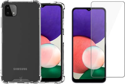 Hoesje geschikt voor Samsung Galaxy A22 4G - Anti Shock Proof Siliconen Back Cover Case Hoes Transparant - Tempered Glass Screenprotector