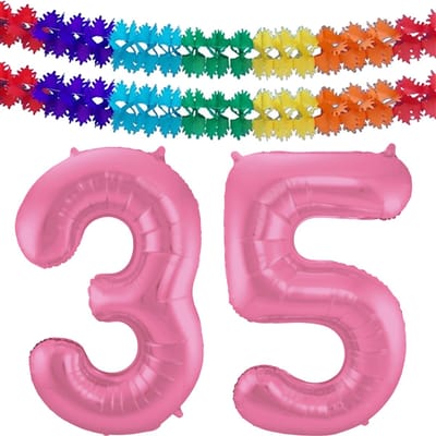 Folat Verjaardag Leeftijd folieballon - 35 jaar - roze - 86 cm - cijferballon groot - incl 2x feestslingers