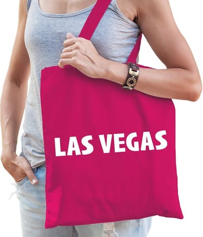 Katoenen USA/wereldstad tasje Las Vegas fuchsia roze - 10 liter - steden cadeautas
